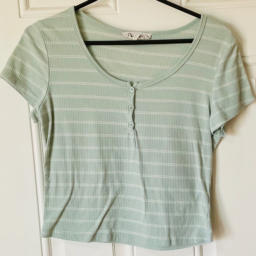 Adorable Mint Striped Button Tee — Womens Size S, Pink Rose